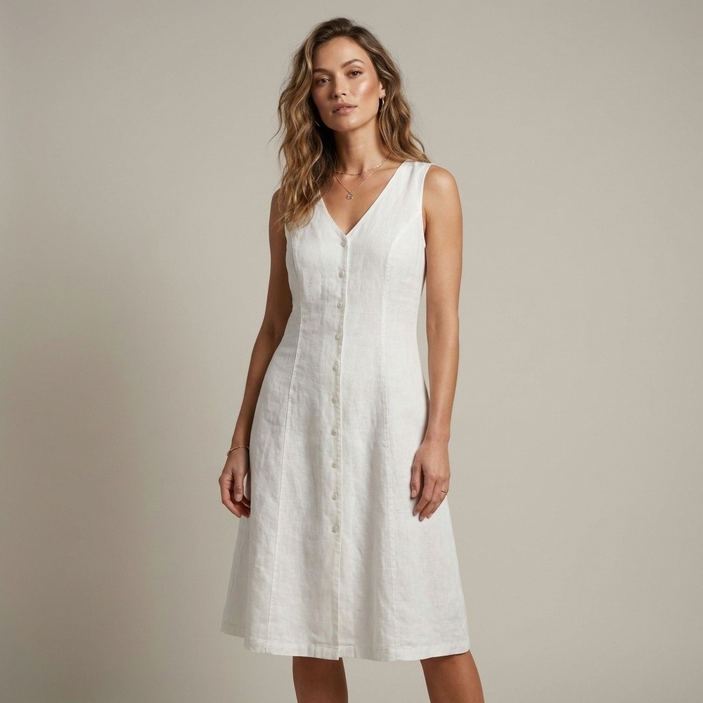 FILOSOFIA Cream 100% Linen Button Front Midi Dress Sleeveless Pockets Small USA
